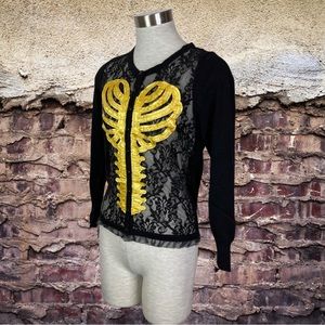 Too Fast Gold Skeleton Black Cardigan Sweater